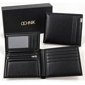 Ochnik Black Genuine Leather Bi-Fold Wallet with ID Window and Coin Pocket NIB